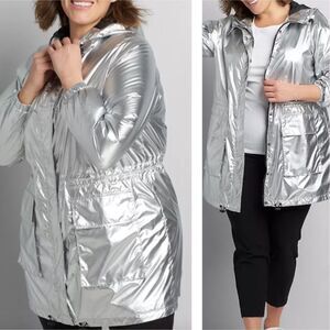 Lane Bryant Shiny Silver Hooded Lightweight Jacket 14/16 Water Resistant Parka